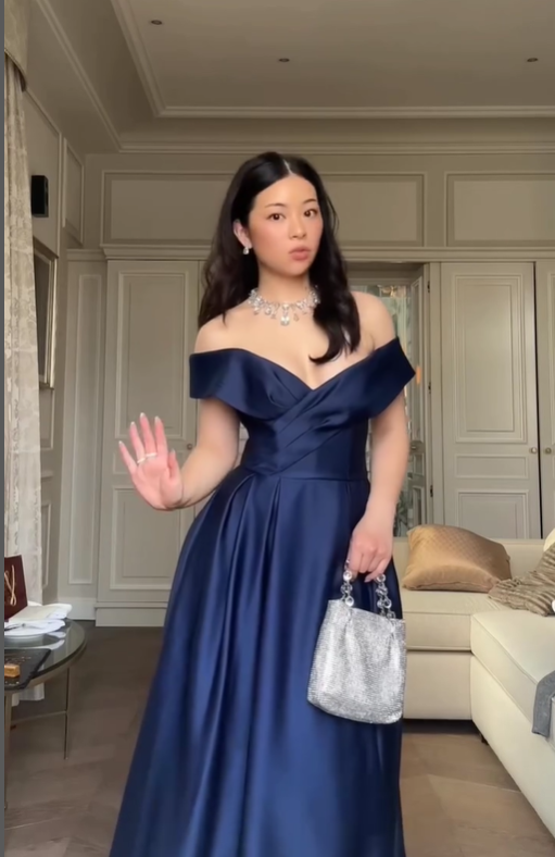 Elegant Navy Blue A Line Off the Shoulder Satin Long Prom Dress DP4368