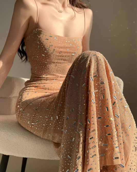 Sexy Sheath Spaghetti Strap Rhinestone Nude Tulle Long Prom Dress Evening Dress DP3479