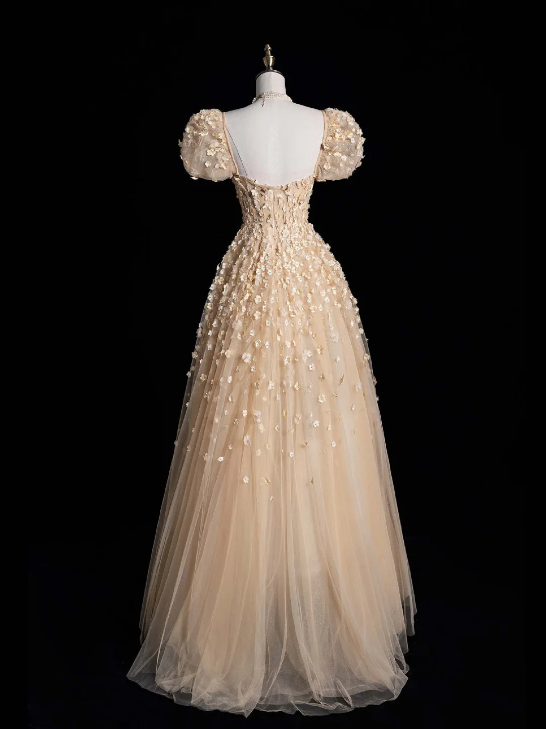 Cute A Line Puff Sleeve 3D Flower Champagne Tulle Long Prom Dress Graduation Prom Dress DP2011