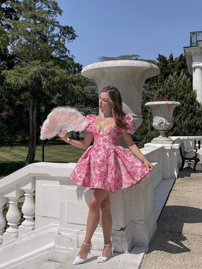 Pink A Line Puff Print Floral Satin Short Cute Homecoming Dress DP4442