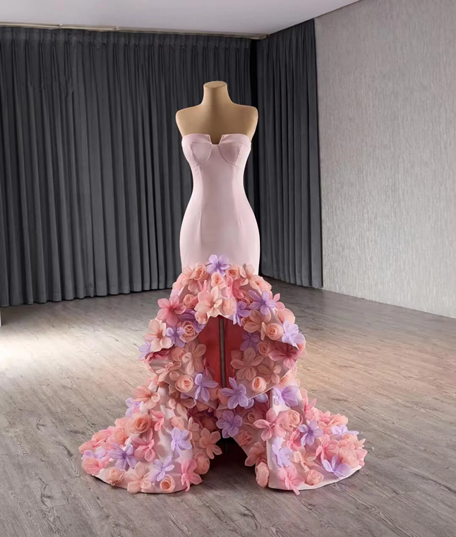 Mermaid Strapless Pink Flower Satin Prom Dresses High Low Removable Long Sleeves DP1258