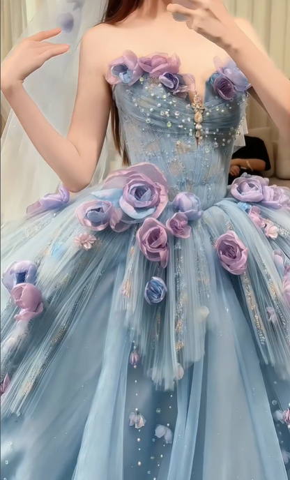 Blue Floral Ball Gown Sweetheart Neck Exquisite Beaded Tulle Long Prom Dress DP4604