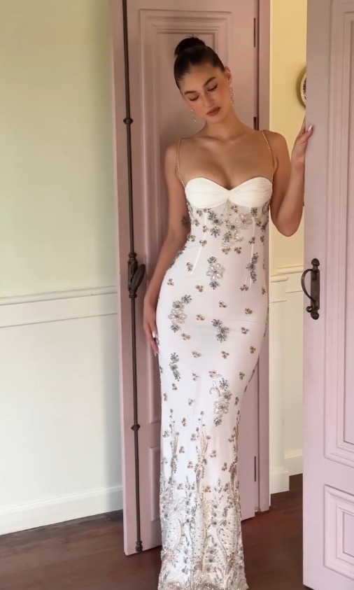 Elegant Sheath Spaghetti Strap Beaded White Chiffon Long Prom Dress Evening Dress DP4765