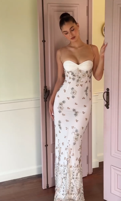 Elegant Sheath Spaghetti Strap Beaded White Chiffon Long Prom Dress Evening Dress DP4765