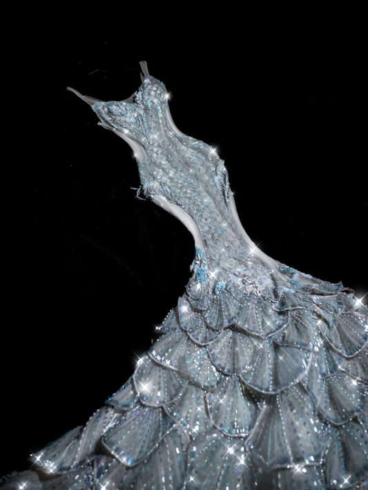 Stunning Exquisite Mermaid Blue Beaded Layered Tulle Prom Dress Evening Dress Party Dress DP2966