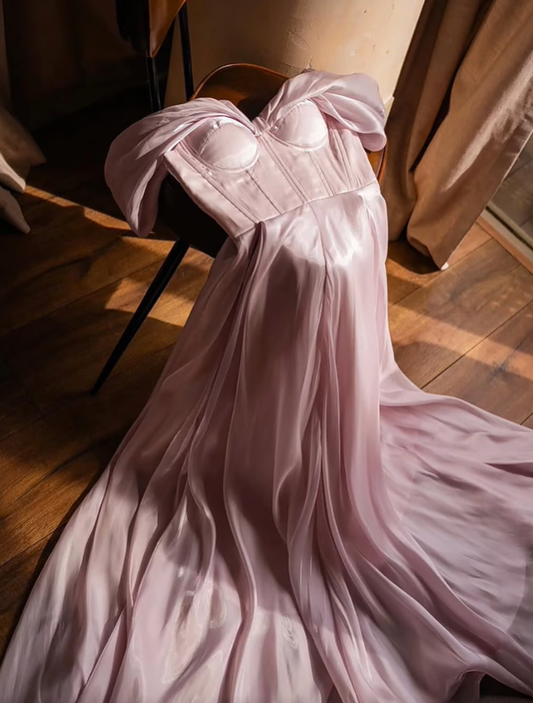 Stunning Pink A Line Off the Shoulder Satin Long Prom Dress Party Dress Outfits DP4526