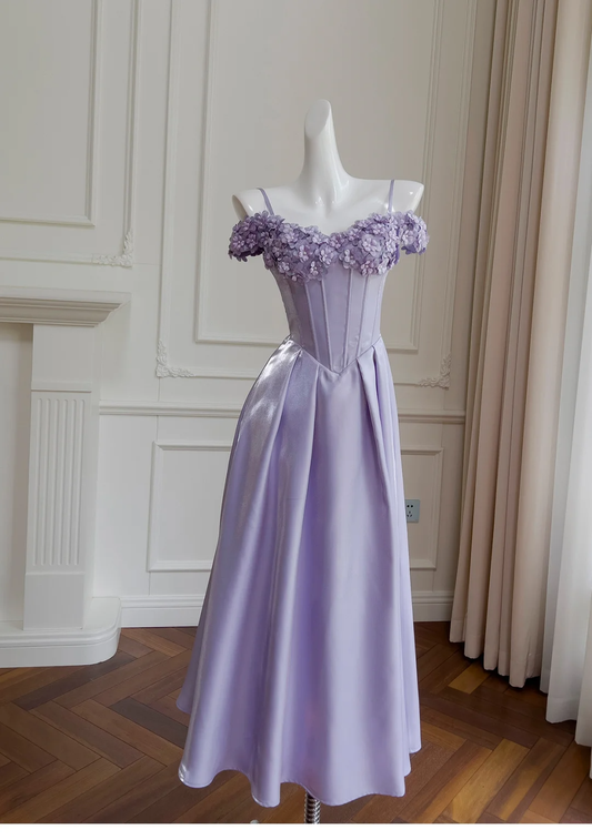 Gentle A Line Off the Shoulder Corset Purple Flower Satin Prom Dress Wedding Guest Dress DP2451