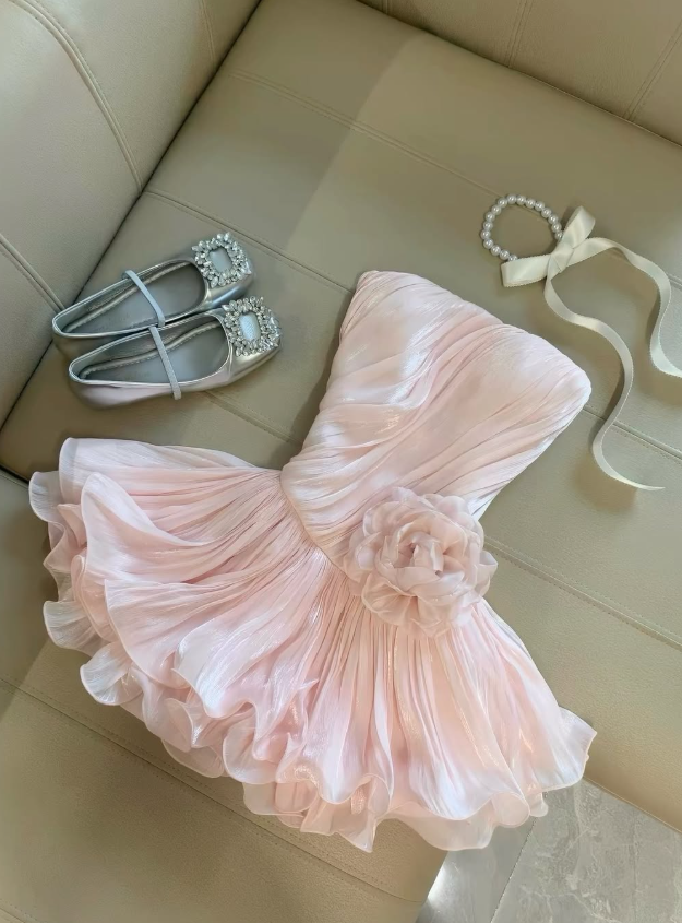 Sweety Pink A Line Strapless Pleated Tulle Short Prom Dress Homecoming Dress DP7929