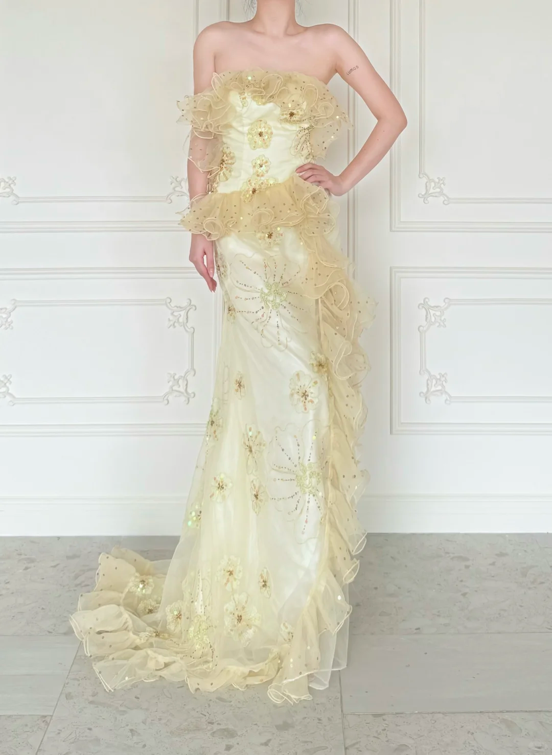 Pretty Mermaid Strapless Shiny Sequin Yellow Organza Slit Prom Dress Evening Dress DP6446