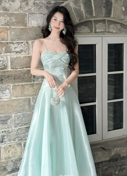 Dreamy A Line Spaghetti Straps Satin Long Graduation Prom Dress DP4880