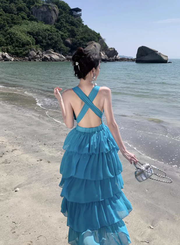 Blue Backless A Line Halter Layered Chiffon Long Vacation Dress Outfits DP3401