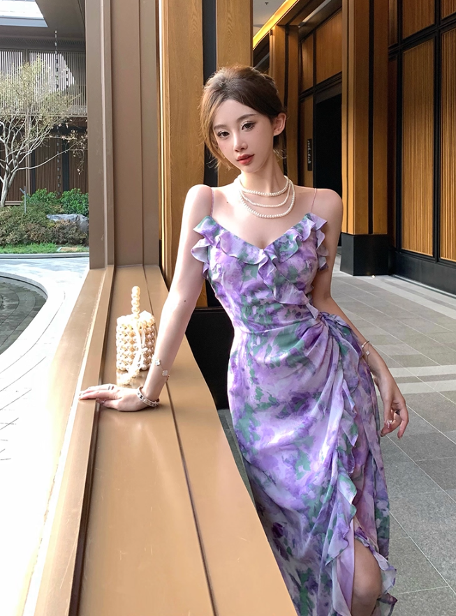 Mermaid Strap Print Floral Purple Chiffon Party Dress Evening Dress Outfits DP3406