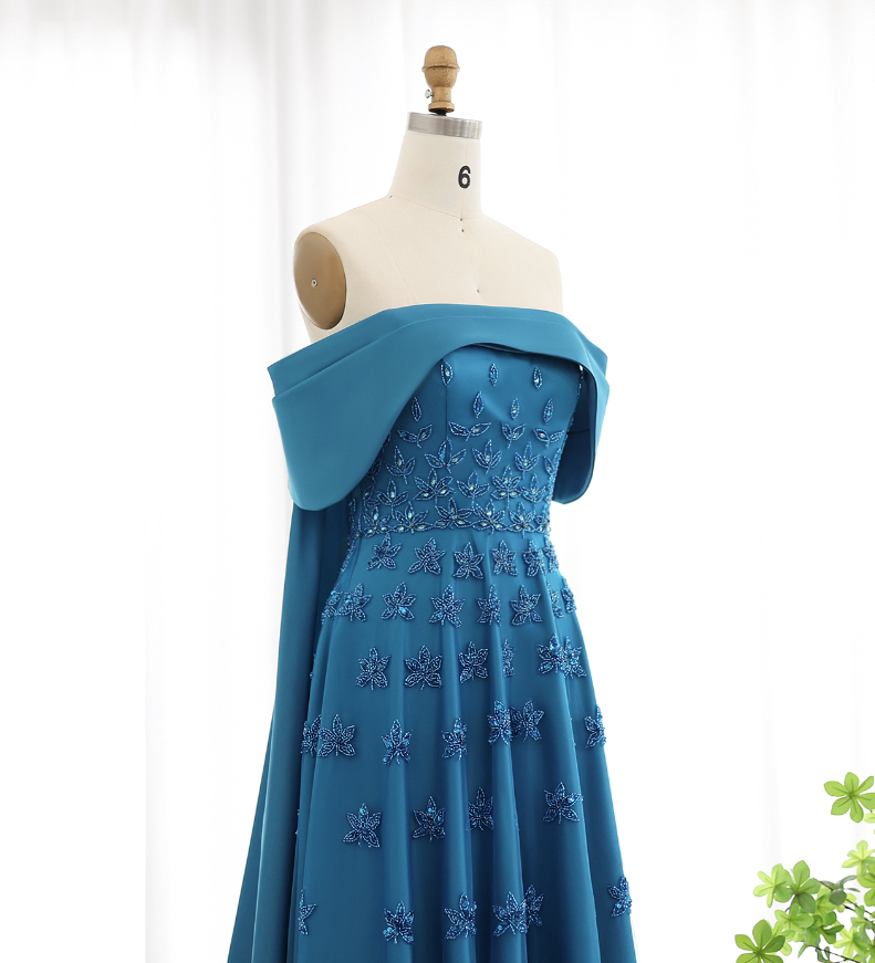 Elegant A Line Off the Shoulder Beaded Blue Satin Prom Dress Evening Dress DP1905