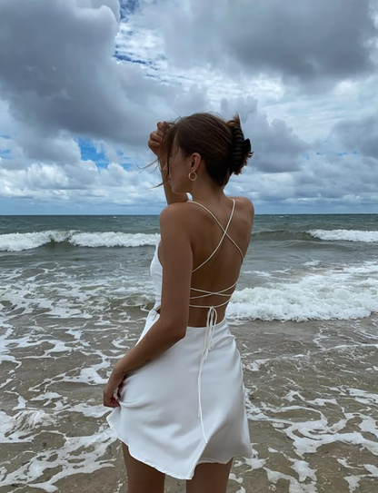 Simple White A Line Spaghetti Straps Satin Short Prom Dress Homecoming Dress Outfits DP6163