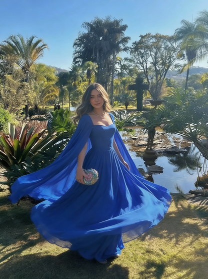 Simple Royal Blue A Line Long Sleeve Chiffon Formal Dress Evening Party Dresses DP3128
