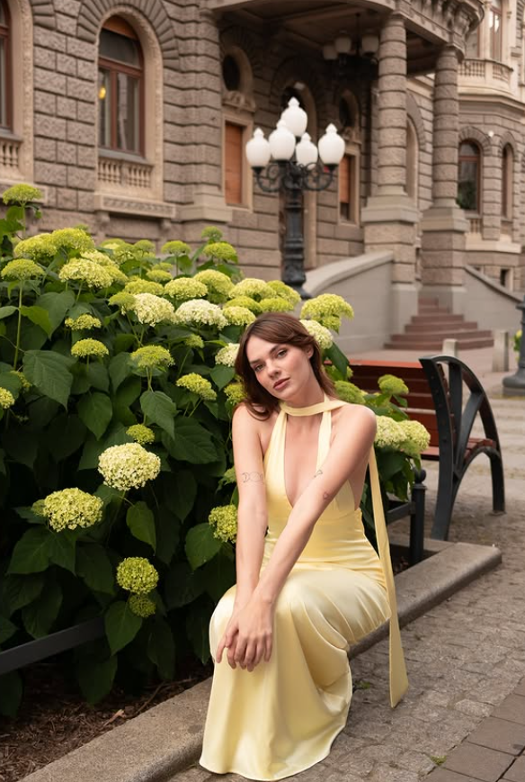 Simple Yellow A Line Halter Satin Open Back Prom Dress Evening Dress DP5403