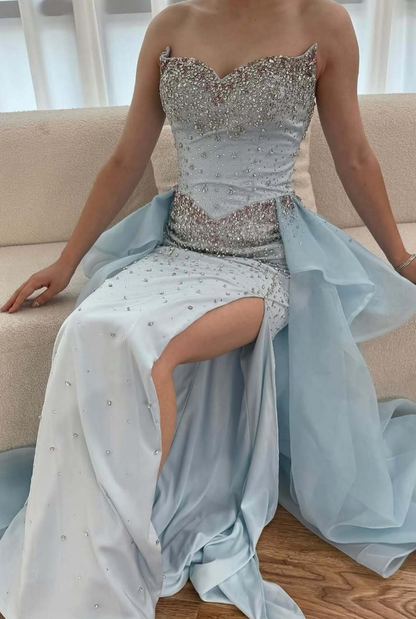 Baby Blue Sheath Sweetheart Neck Beaded Satin Tulle Long Prom Dress Evening Dress DP4334