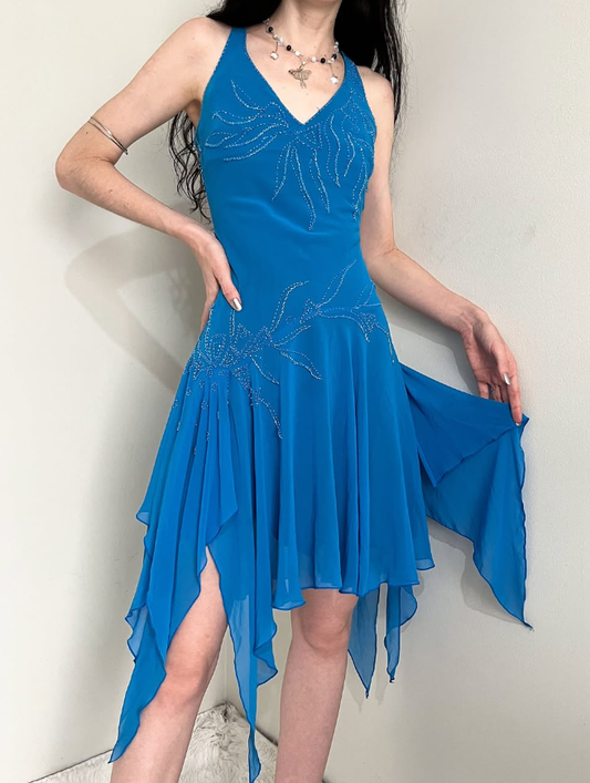 Cute Vintage A Line Spaghetti Strap Beaded Blue Chiffon Prom Dress Graduation Prom Dress DP2156