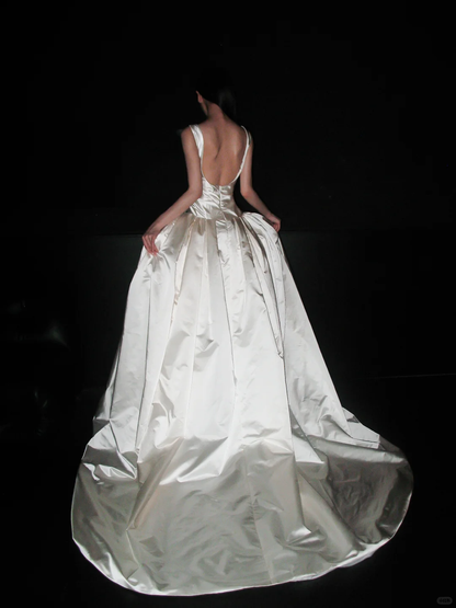 High-class Elegant A Line Silky Satin Backless Long Sweep Wedding Dress DP5206