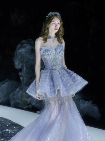 Purple Mermaid Sweetheart Neck Silver Appliques Sequin Tulle Long Prom Dress DP2838