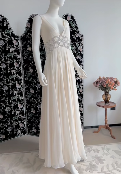 Gentle White A Line V Neck Beaded Chiffon Long Prom Dress Evening Dress DP5148
