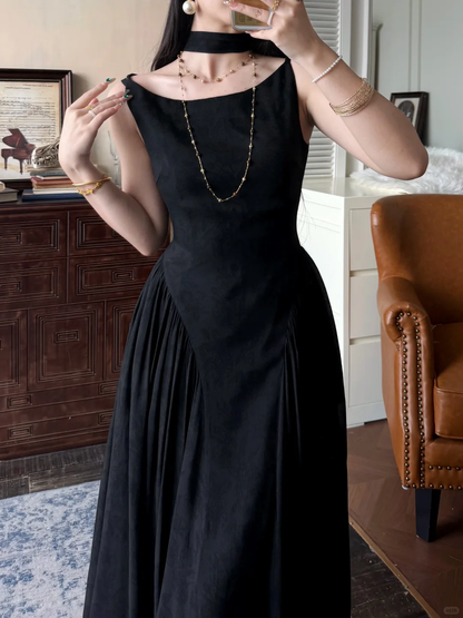 Classic Simple A Line Black Satin Long Prom Dress Evening Dress DP5647