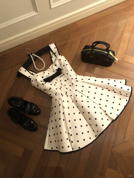 Cute A Line Spaghetti Strap Polka Dot Bow Satin Birthday Dress Cocktail Dress DP2415