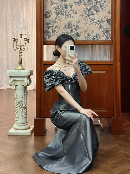 Vintage Unique Mermaid V Neck Grey Satin Long Prom Dress DP4823