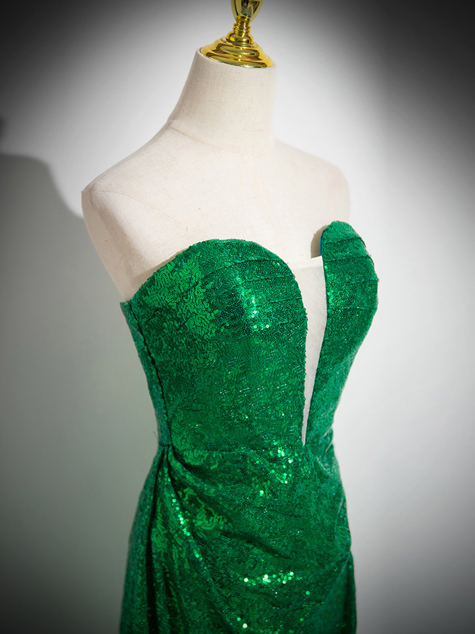 Green Sequins Strapless Pleats Prom Dress DP269