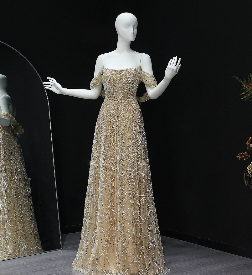 Gorgeous A Line Off the Shoulder Beaded Champagne Tulle Prom Dress Evening Dress DP1934