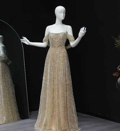 Gorgeous A Line Off the Shoulder Beaded Champagne Tulle Prom Dress Evening Dress DP1934