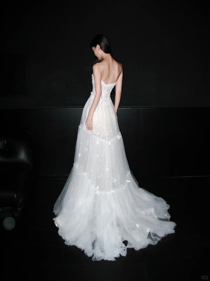 New A Line Strapless White Appliques Tulle Long Wedding Dress DP8082