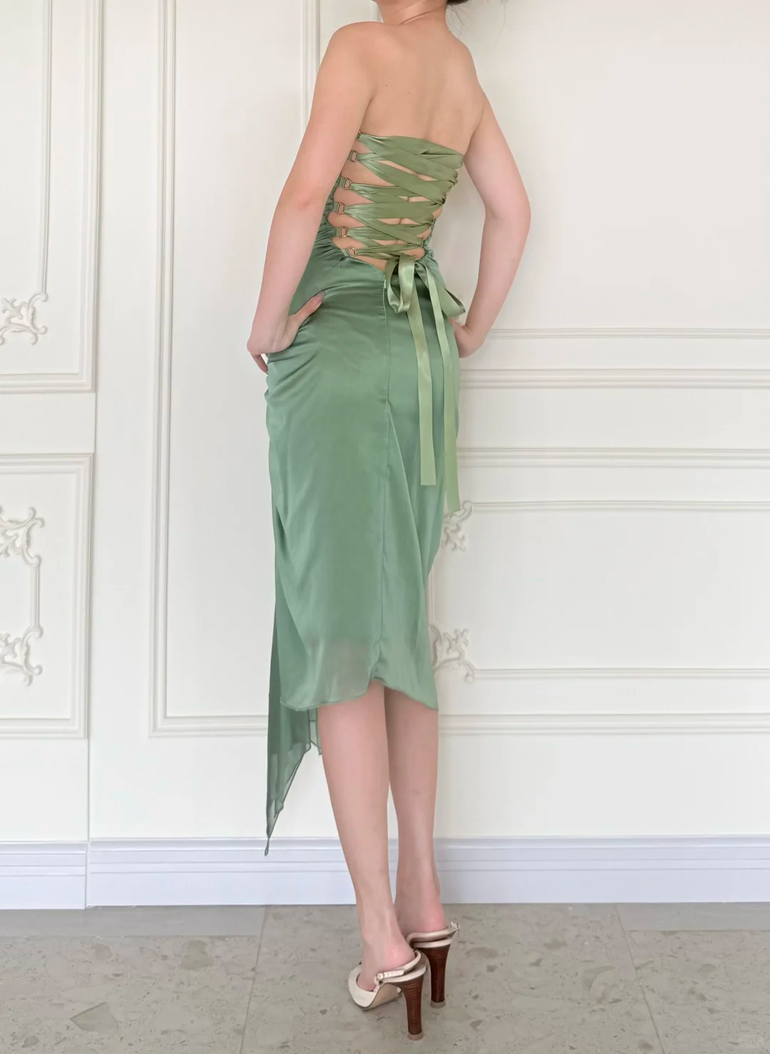 Vintage Sage Green Exquisite Beaded Pleated Satin Tea Length Prom Dress DP5164