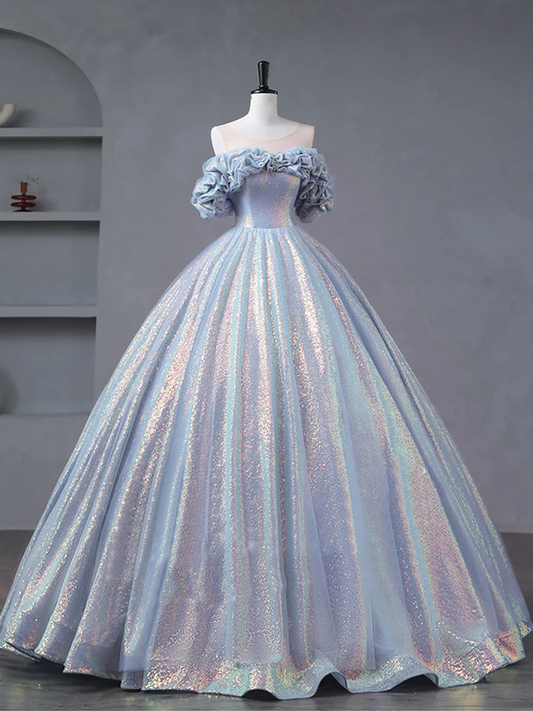 A-Line Off Shoulder Tulle Sequin Long Prom Dress Formal Evening Ball Gown DP156