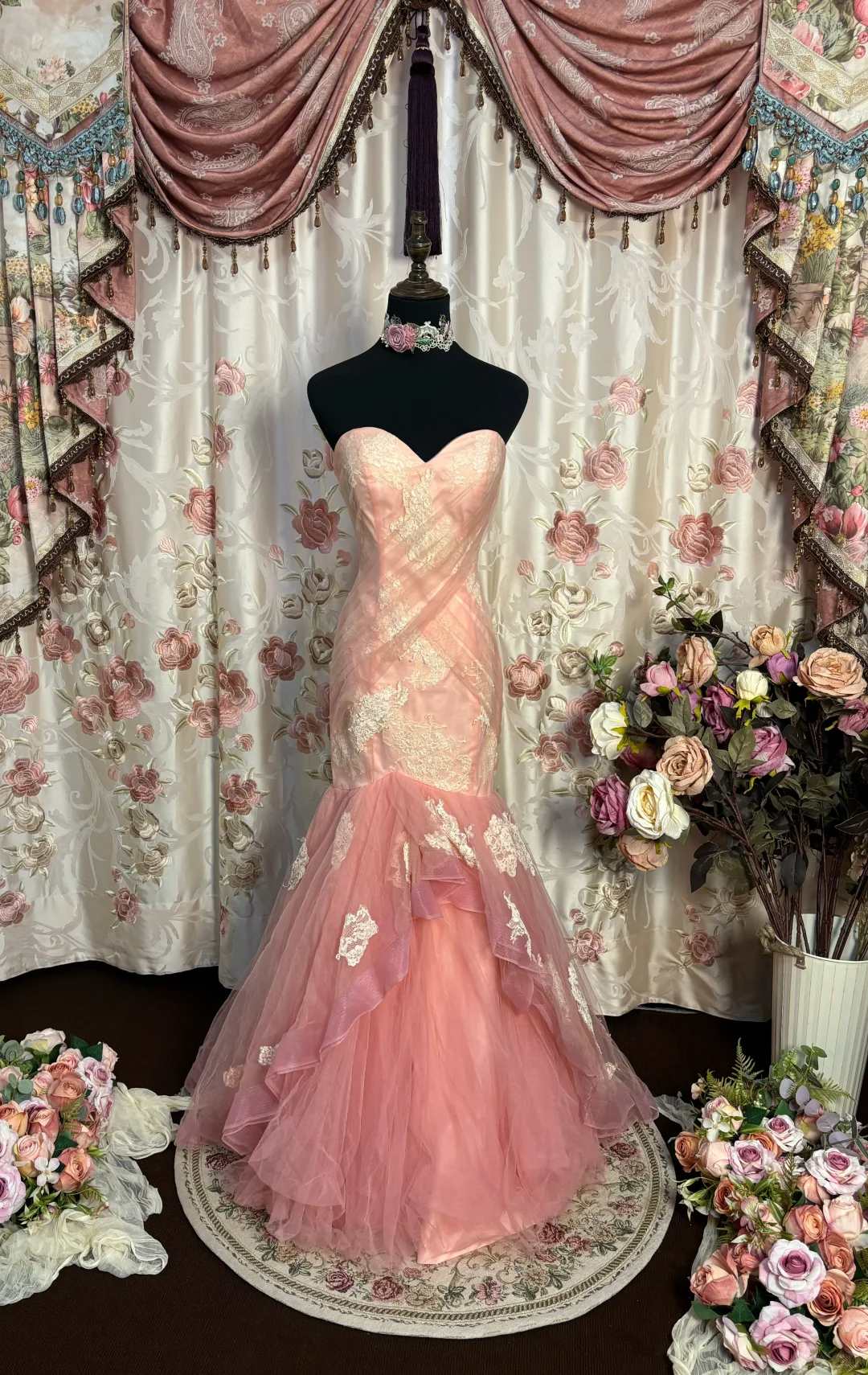 Pink Vintage Mermaid Sweetheart Neck Lace Appliques Tulle Prom Dress Party Dress DP3173