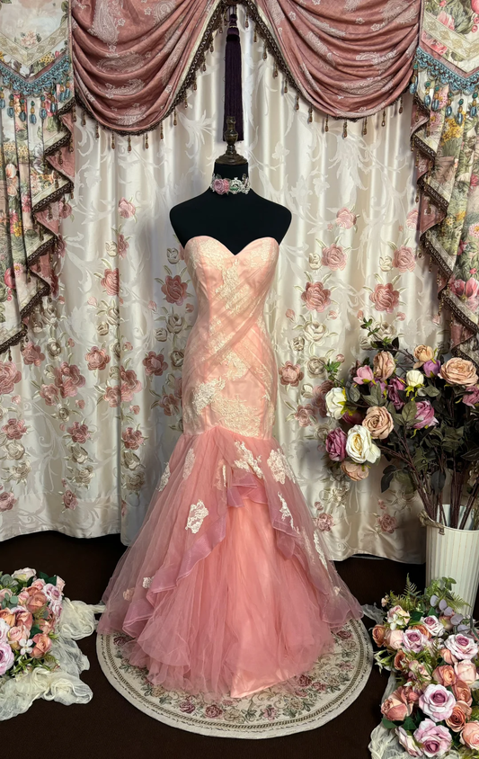 Pink Vintage Mermaid Sweetheart Neck Lace Appliques Tulle Prom Dress Party Dress DP3173