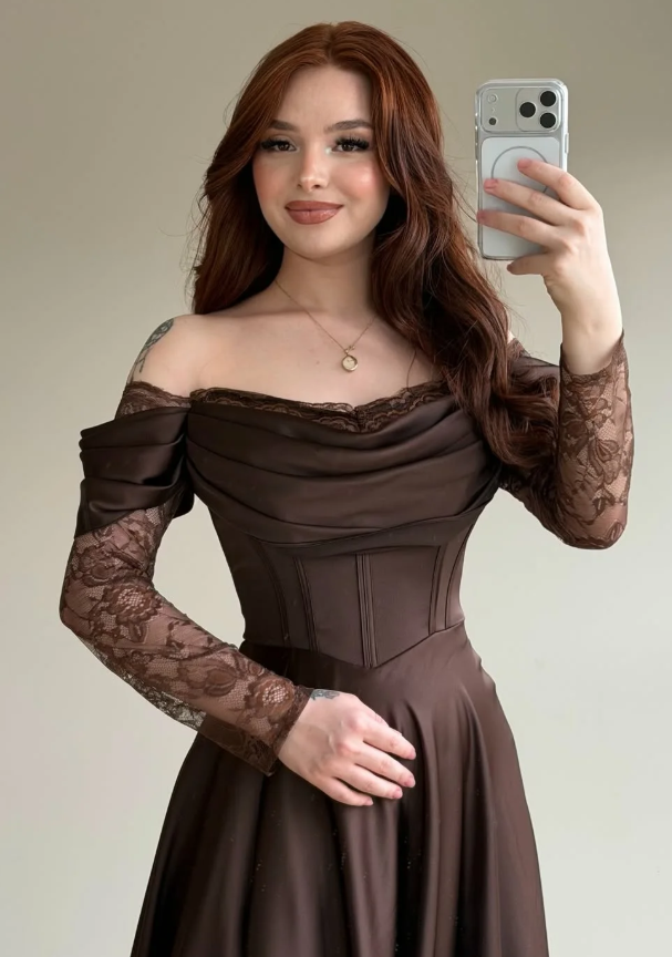 Elegant Brown A Line Long Sleeve Lace Satin Prom Dress DP5021