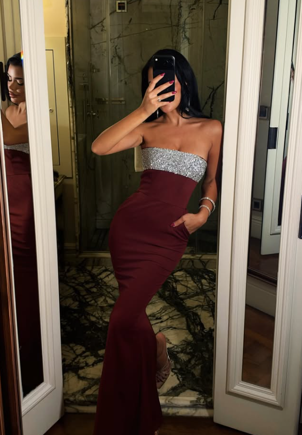 Sexy Burgundy Sheath Strapless Sequin Satin Long Prom Dress Party Dress DP8221