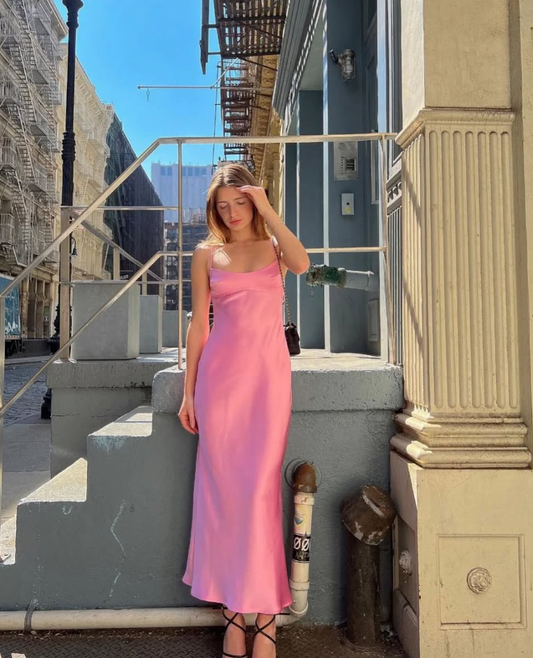 Simple Sheath Spaghetti Strap Pink Satin Prom Dress Evening Dress DP1927