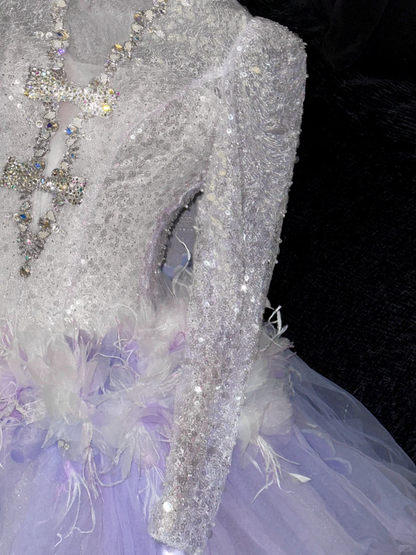 Gorgeous A Line Long Sleeve Beaded Purple Tulle Short Homecoming Dress Cocktail Dress DP2665