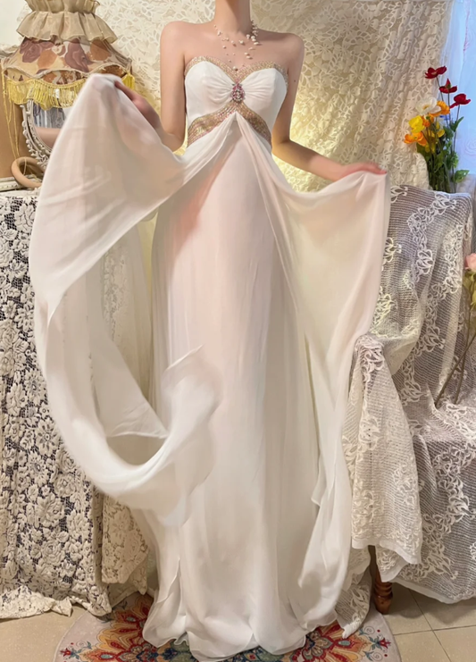 White Elegant A Line Sweetheart Neck Beaded Chiffon Long Prom Dress Date Dress DP4273