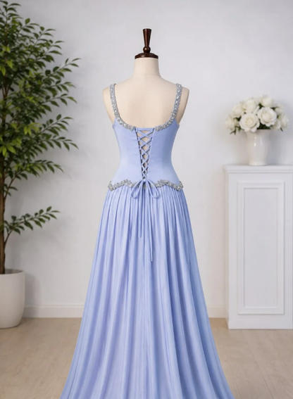 Romantic A Line Strap Exquisite Beaded Satin Chiffon Long Prom Dress Evening Dress DP6945
