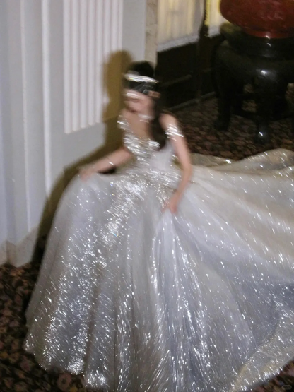 Elegant Ball Gown Off the Shoulder Beaded Silver Sequin White Tulle Prom Dress Wedding Dress DP4244