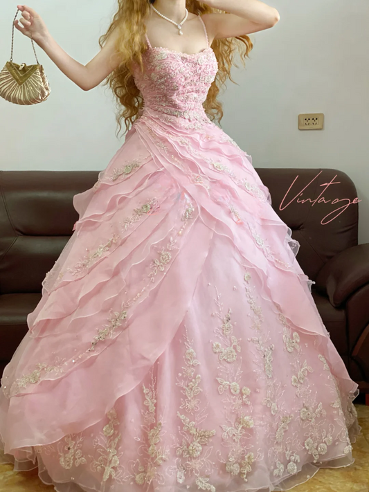Vintage Pink Ball Gown Spaghetti Strap Beaded Layered Organza Prom Dress Graduation Ball Gown DP4572