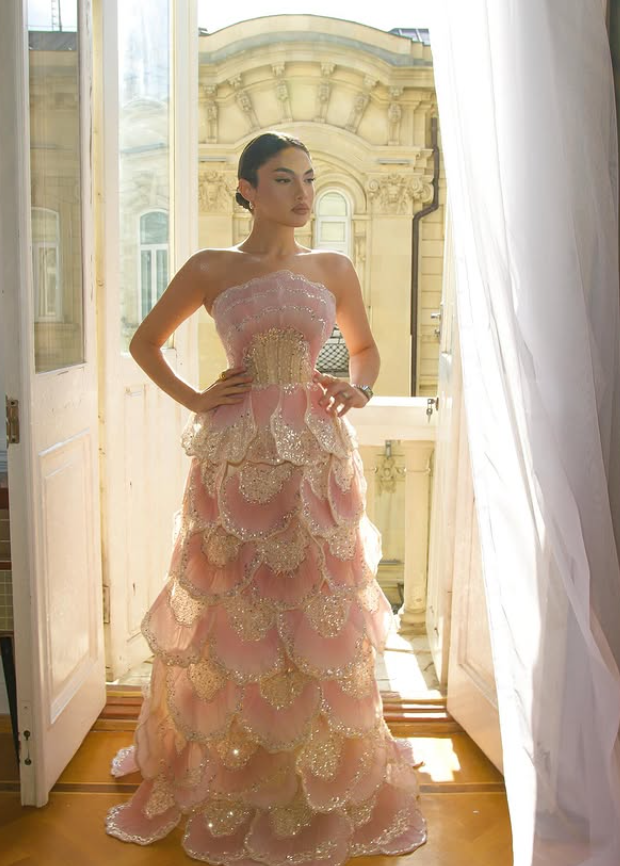 Pretty Pink Ball Gown Strapless Layered Beaded Tulle Long Prom Dress Evening Dress DP6061
