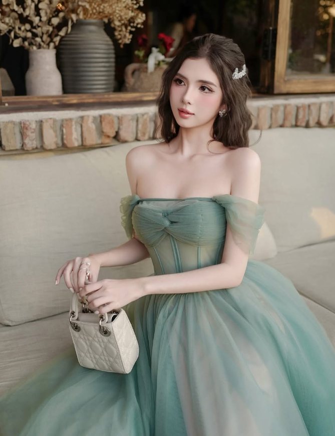 Cute A Line Off the Shoulder Corset Green Tulle Prom Dress Graduation Prom Dress DP2254