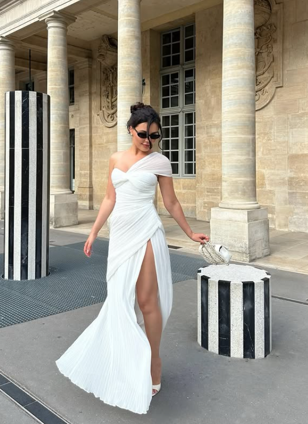 Flowy White Sheath One Shoulder Chiffon Slit Long Prom Dress Party Dress DP6803