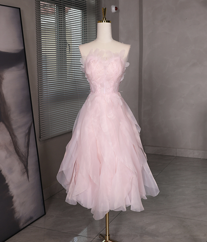 Pink Strapless Tulle Beaded Homecoming Dress Short Prom Dress DP351