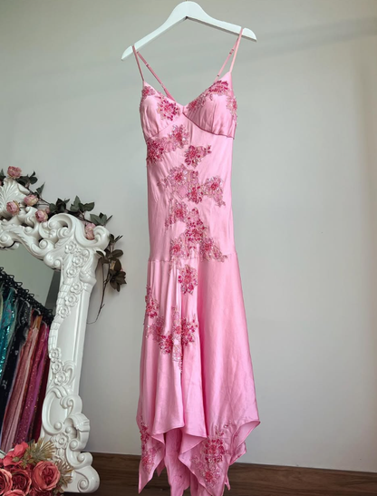 Vintage Pink Mermaid Spaghetti Straps Appliques Satin Prom Dress Party Dress Date Dress DP4447