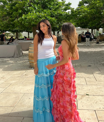 Pink Sheath Straps Print Floral Ruffle Chiffon Long Prom Dress Graduation Prom Dress DP4960